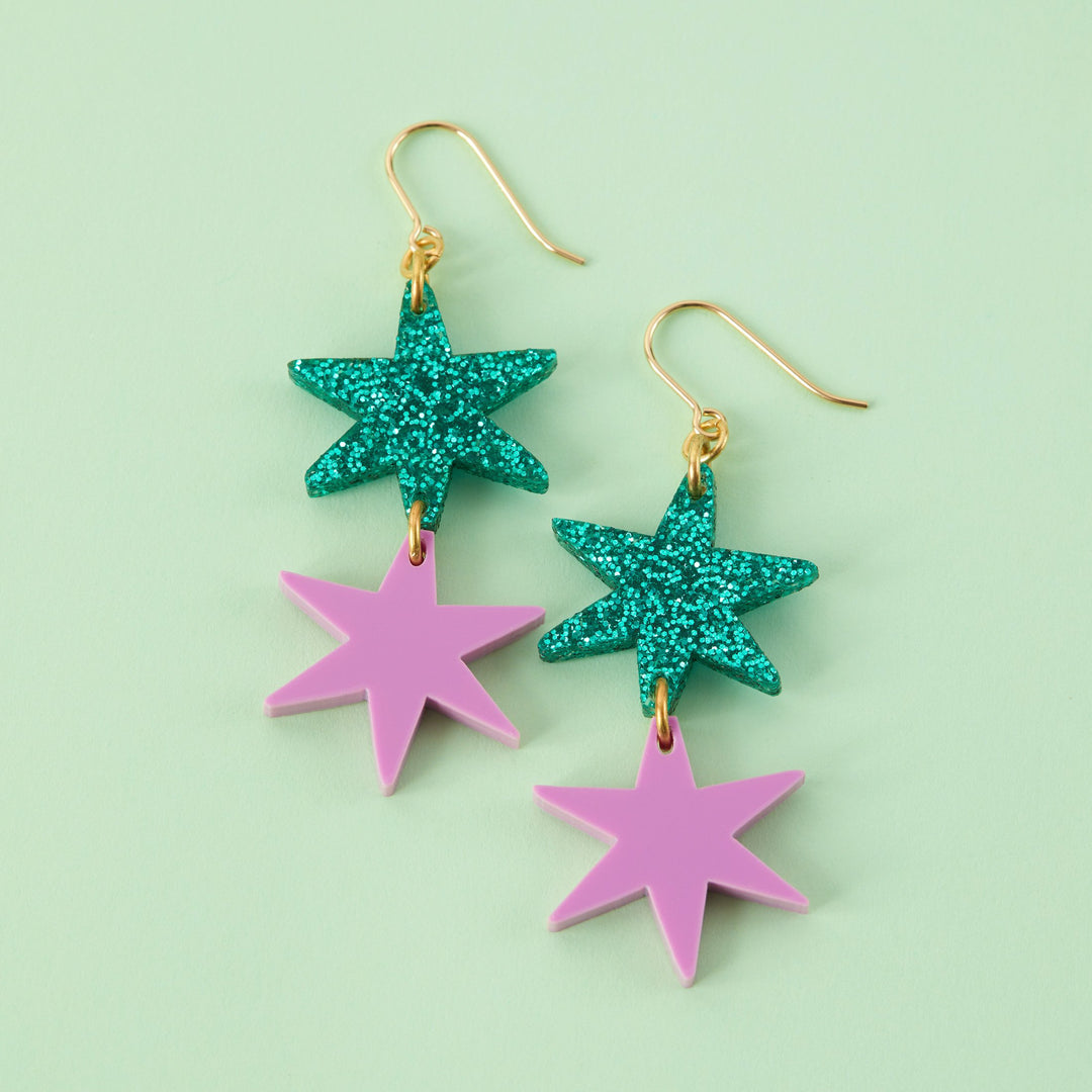 Star Dangle Earrings in Emerald Glitter