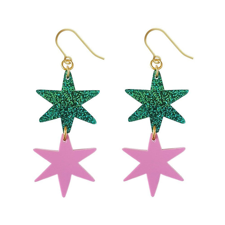 Star Dangle Earrings in Emerald Glitter