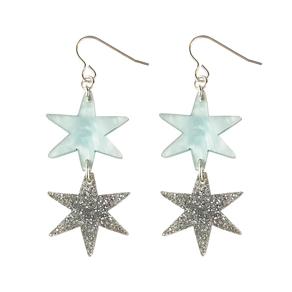 Star Dangle Earrings in Silver Glitter