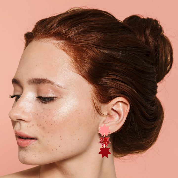 Triple Star Dangle Earrings in Red Sparkle