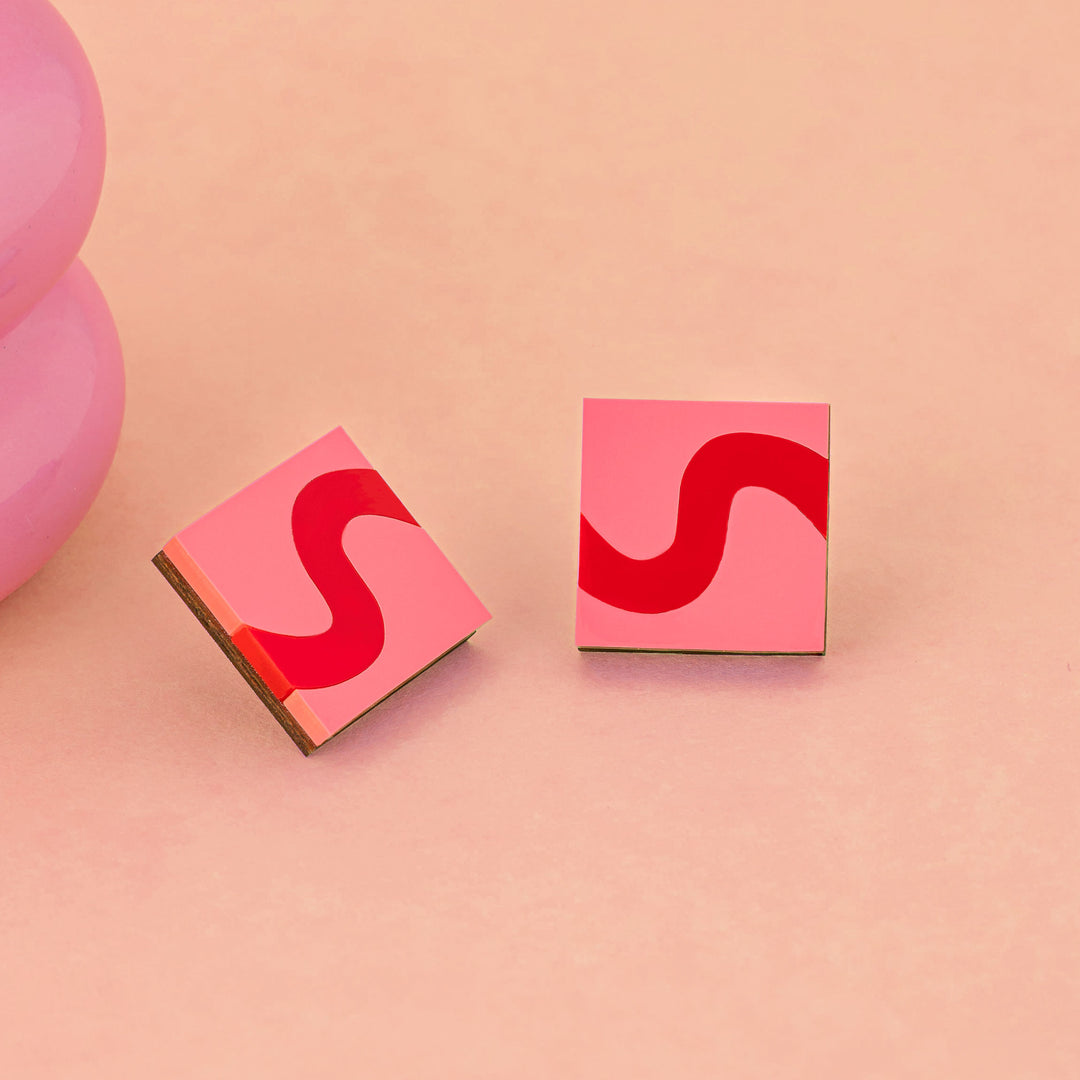 Square Wiggle Stud Earrings in Red